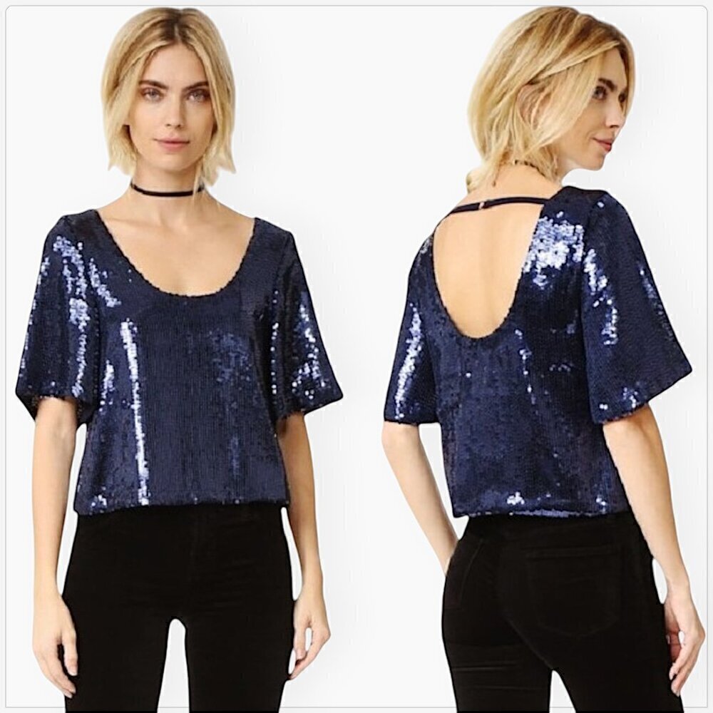 Free People Navy Blue Sequin Night Fever Club Evening Tee Top NEW NWT XS